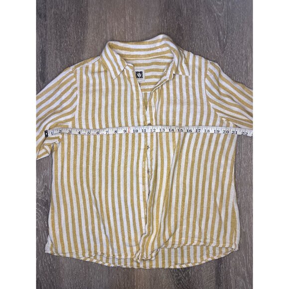Anne Klein Womens Mustard & White Striped Button-Up Linen Shirt PL Roll-Tab Slee - Picture 6 of 6
